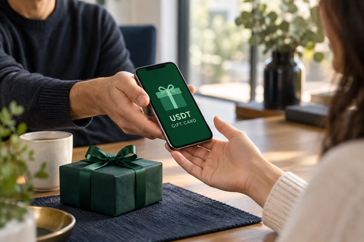 Editorial illustration of two people sharing a digital USDT gift card on a phone